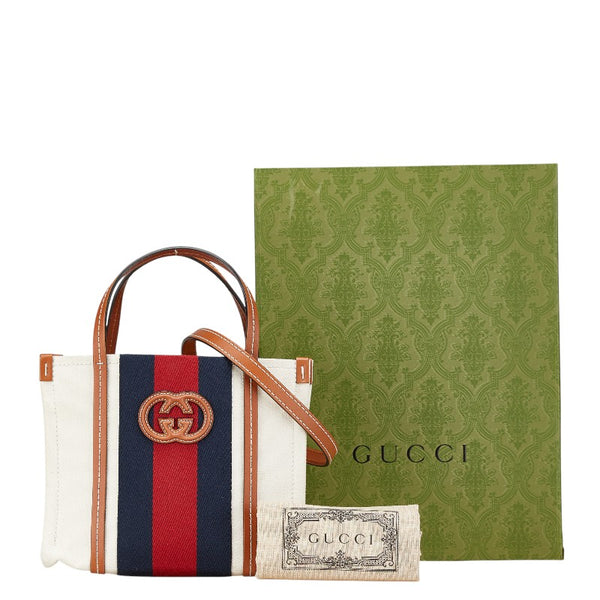 グッチ インターロッキングG ミニ トートバッグ ショルダーバッグ 2WAY 727735 ベージュ ネイビー レッド キャンバス レザー レディース GUCCI 【中古】