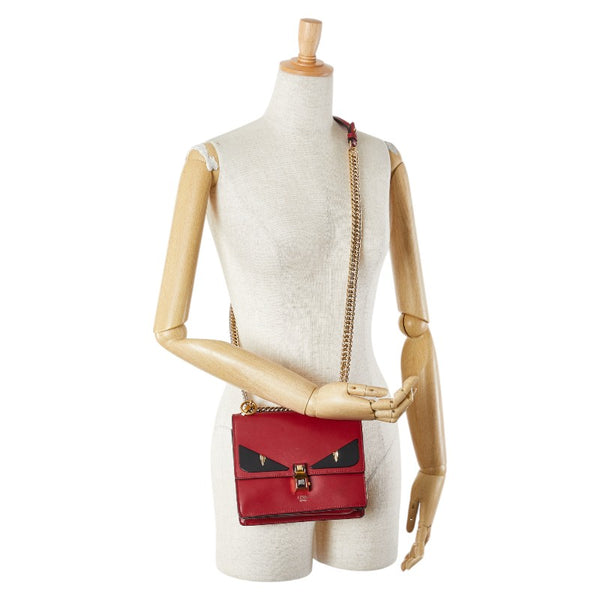 フェンディ モンスター キャナイ ショルダーバッグ 8BT283 レッド ブラック レザー レディース FENDI 【中古】