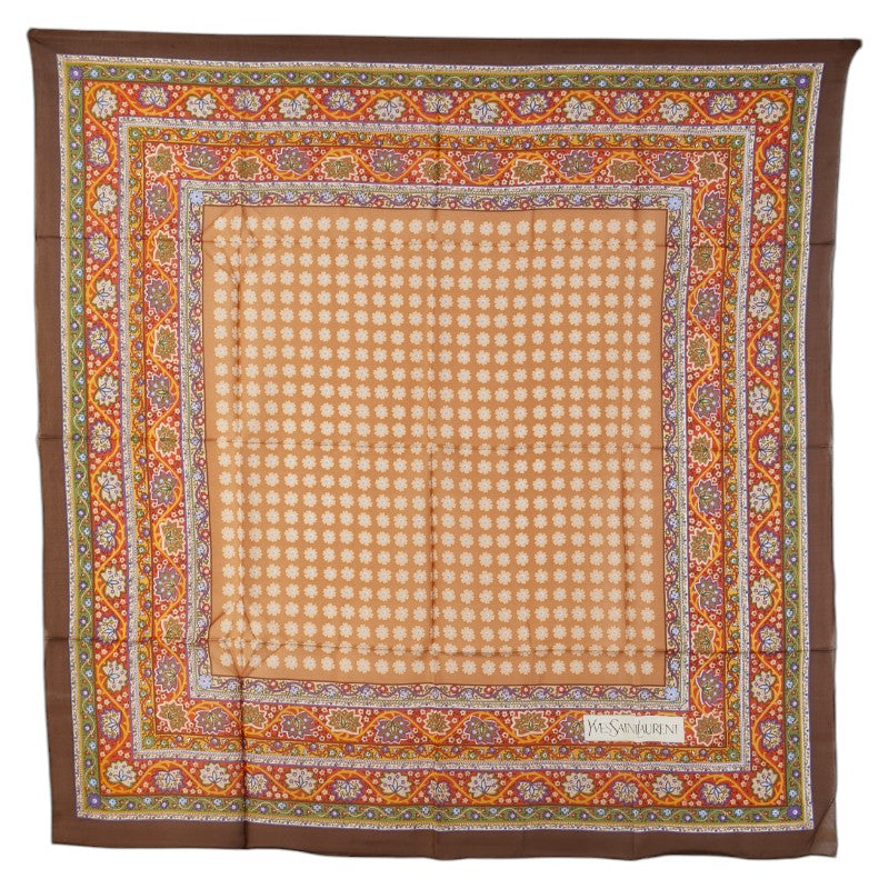 サンローラン フラワー 花 葉っぱ スカーフ ブラウン マルチカラー シルク レディース SAINT LAURENT 【中古】