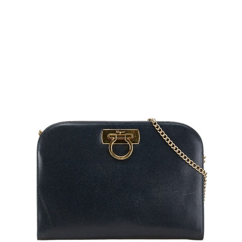 サルヴァトーレフェラガモ ガンチーニ チェーン 斜め掛け ショルダーバッグ P21 0587 ネイビー レザー レディース Salvatore Ferragamo 【中古】