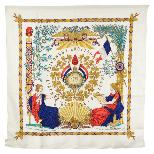 エルメス カレ90 1789 LIBERTE EGALITE FRATERNITE REPUBLIQUE FRANCAISE 1789年 フランス革命を記念して スカーフ ホワイト マルチカラー シルク レディース HERMES 【中古】
