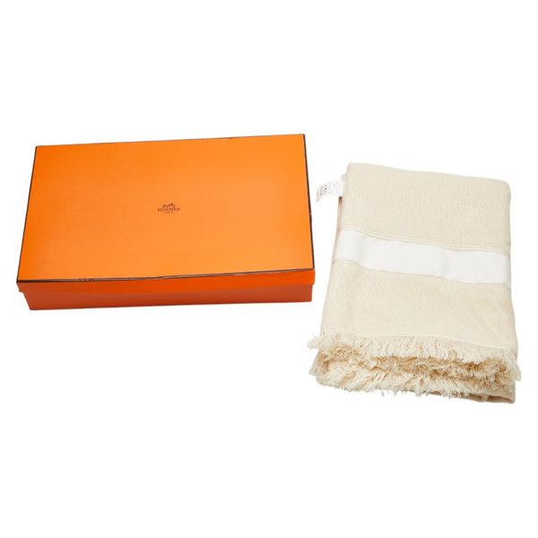 エルメス ロゴ刺繍 フリンジ バスタオル ビーチタオル ブランケット アイボリー ホワイト コットン レーヨン レディース HERMES 【中古】