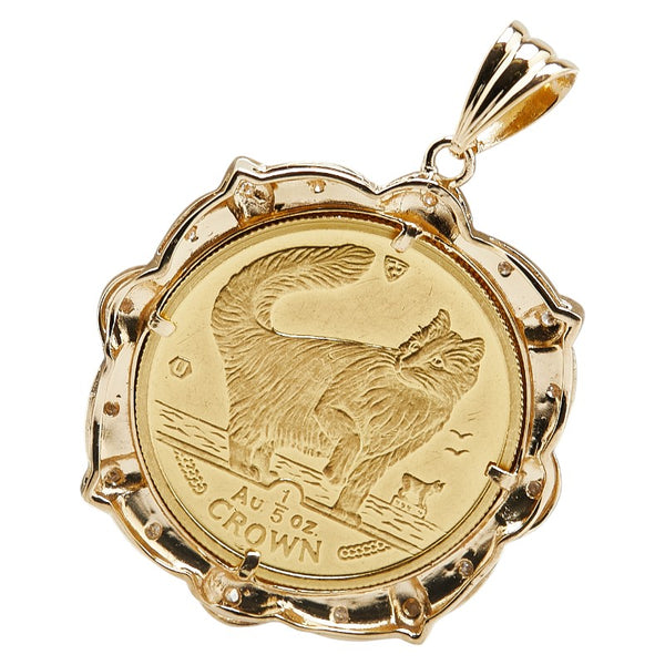K24 ゴールド K18YG イエローゴールド ダイヤ0.13ct エリザベス2世 マン島キャット コイン 金貨 1/5OZ ペンダントトップ レディース 【中古】