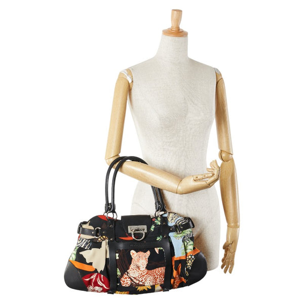 サルヴァトーレフェラガモ サバンナ アニマル ハンドバッグ AU-21 7477 ブラック マルチカラー ナイロン レザー レディース Salvatore Ferragamo 【中古】