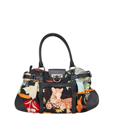 サルヴァトーレフェラガモ サバンナ アニマル ハンドバッグ AU-21 7477 ブラック マルチカラー ナイロン レザー レディース Salvatore Ferragamo 【中古】