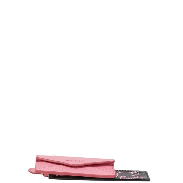 プラダ ドッグ 犬 イラスト カードケース コインケース 1TL360 ブラック ピンク サフィアーノ レザー レディース PRADA 【中古】