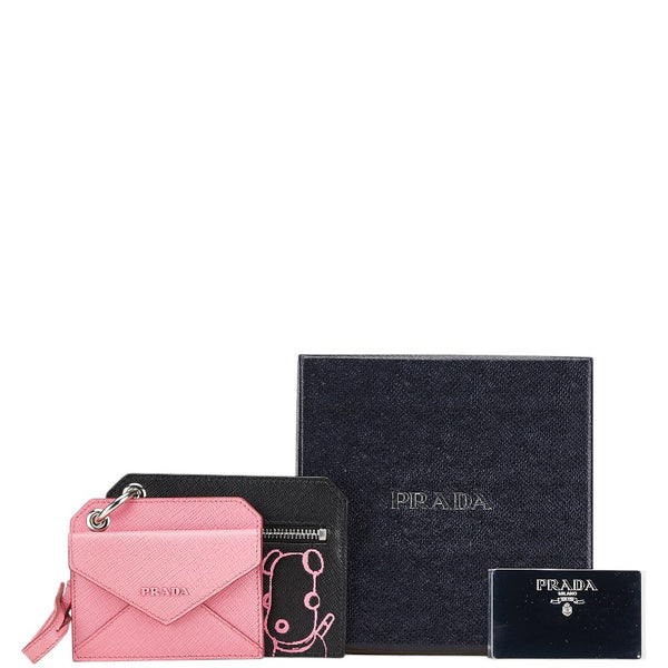 プラダ ドッグ 犬 イラスト カードケース コインケース 1TL360 ブラック ピンク サフィアーノ レザー レディース PRADA 【中古】