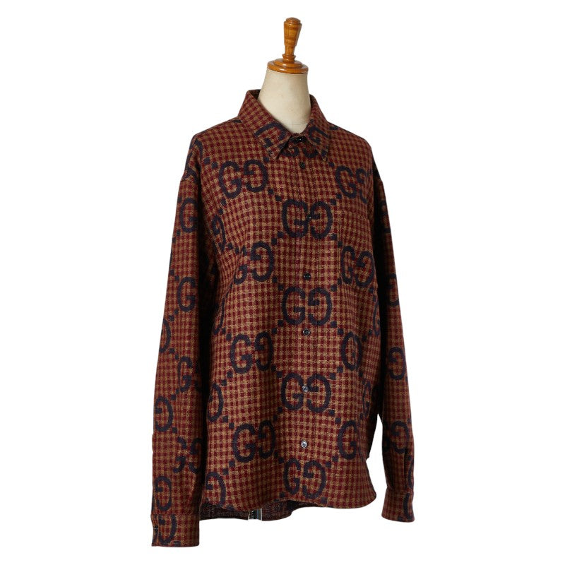 グッチ マキシGG ギンガムチェック シャツ サイズ：48 756842 レッド ネイビー ブラウン ウール メンズ GUCCI 【中古】