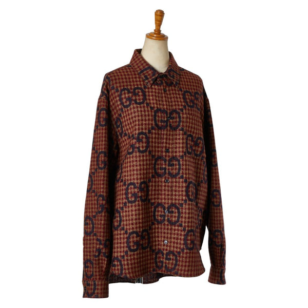 グッチ マキシGG ギンガムチェック シャツ サイズ：48 756842 レッド ネイビー ブラウン ウール メンズ GUCCI 【中古】