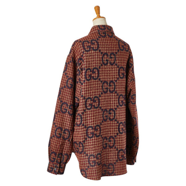 グッチ マキシGG ギンガムチェック シャツ サイズ：48 756842 レッド ネイビー ブラウン ウール メンズ GUCCI 【中古】