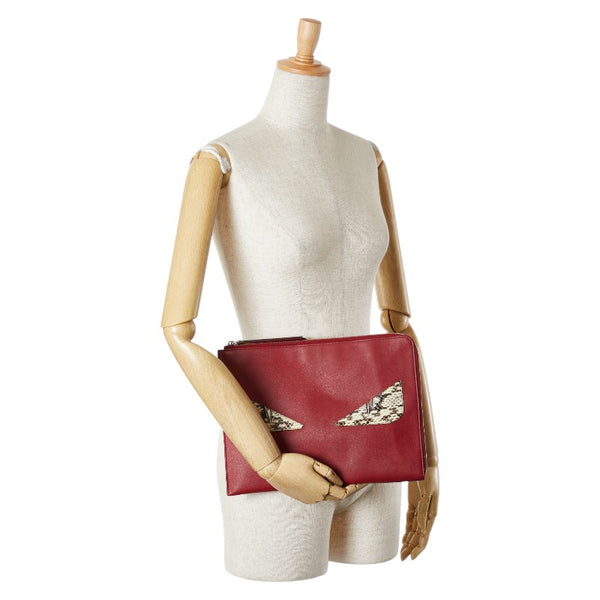 フェンディ バグズアイ モンスター クラッチバッグ 8M0370 レッド レザー パイソン メンズ FENDI 【中古】