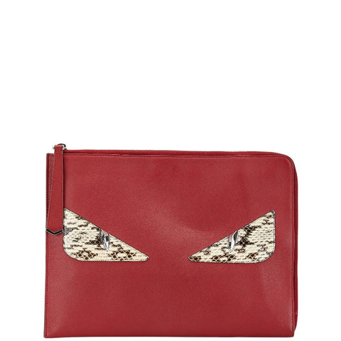 フェンディ バグズアイ モンスター クラッチバッグ 8M0370 レッド レザー パイソン メンズ FENDI 【中古】