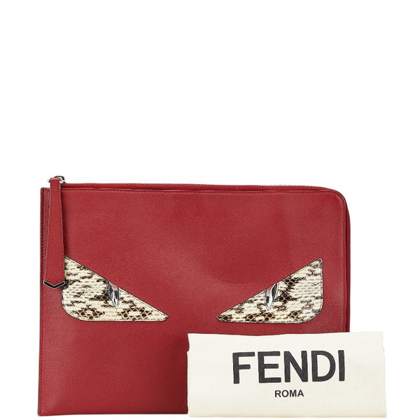 フェンディ バグズアイ モンスター クラッチバッグ 8M0370 レッド レザー パイソン メンズ FENDI 【中古】