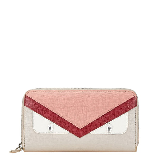 フェンディ モンスター 長財布 グレー ピンク レッド レザー レディース FENDI 【中古】
