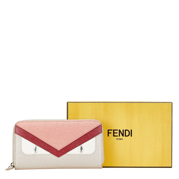 フェンディ モンスター 長財布 グレー ピンク レッド レザー レディース FENDI 【中古】