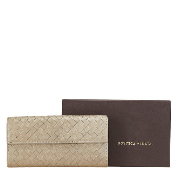 ボッテガヴェネタ イントレチャート 二つ折り財布 ベージュ レザー レディース BOTTEGAVENETA 【中古】