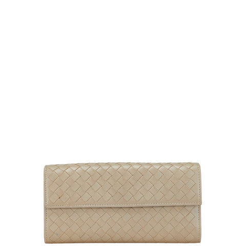 ボッテガヴェネタ イントレチャート 二つ折り財布 ベージュ レザー レディース BOTTEGAVENETA 【中古】