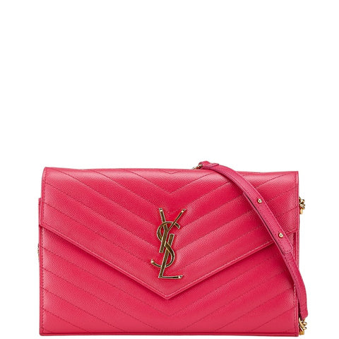 サンローラン YSL Vステッチ チェーンウォレット ショルダーバッグ 377828 ピンク レザー レディース SAINT LAURENT 【中古】