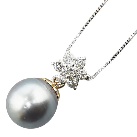 K14WG ホワイトゴールド 黒蝶真珠11mm ダイヤ0.50ct 星 スター モチーフ ペンダントネックレス レディース 【中古】