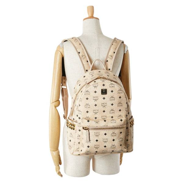エム シー エム ヴィセトス ロゴグラム スタッズ リュック バックパック ベージュ PVC レザー レディース MCM 【中古】