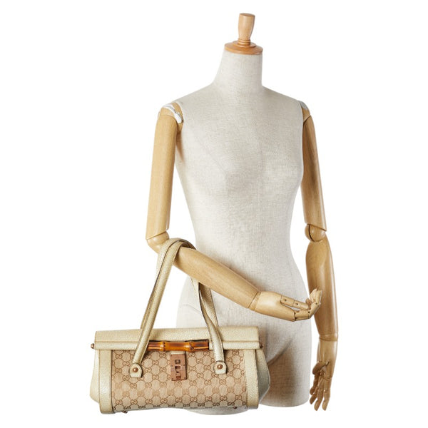 グッチ GGキャンバス バンブー ショルダーバッグ ハンドバッグ 111713 ベージュ ブラウン キャンバス レザー レディース GUCCI 【中古】