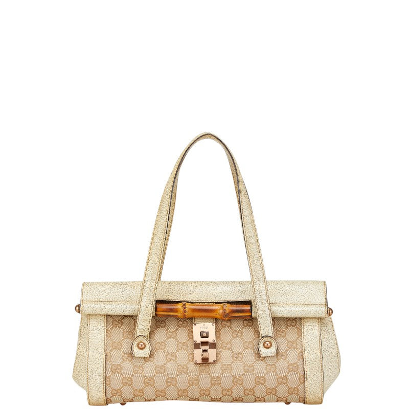 グッチ GGキャンバス バンブー ショルダーバッグ ハンドバッグ 111713 ベージュ ブラウン キャンバス レザー レディース GUCCI 【中古】