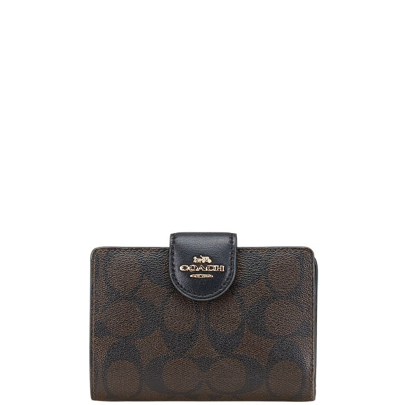 コーチ シグネチャー 二つ折り財布 C0082 ブラウン ブラック PVC レザー レディース COACH 【中古】