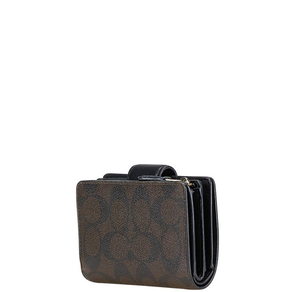 コーチ シグネチャー 二つ折り財布 C0082 ブラウン ブラック PVC レザー レディース COACH 【中古】