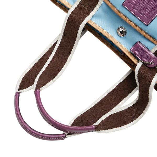 コーチ ハンプトンズ ウイークエンド トートバッグ ショルダーバッグ ライトブルー ブラウン ナイロン レザー レディース COACH 【中古】