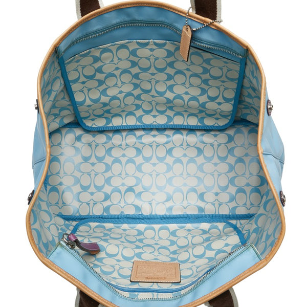 コーチ ハンプトンズ ウイークエンド トートバッグ ショルダーバッグ ライトブルー ブラウン ナイロン レザー レディース COACH 【中古】