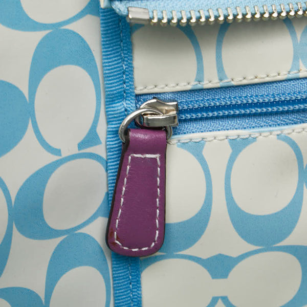 コーチ ハンプトンズ ウイークエンド トートバッグ ショルダーバッグ ライトブルー ブラウン ナイロン レザー レディース COACH 【中古】