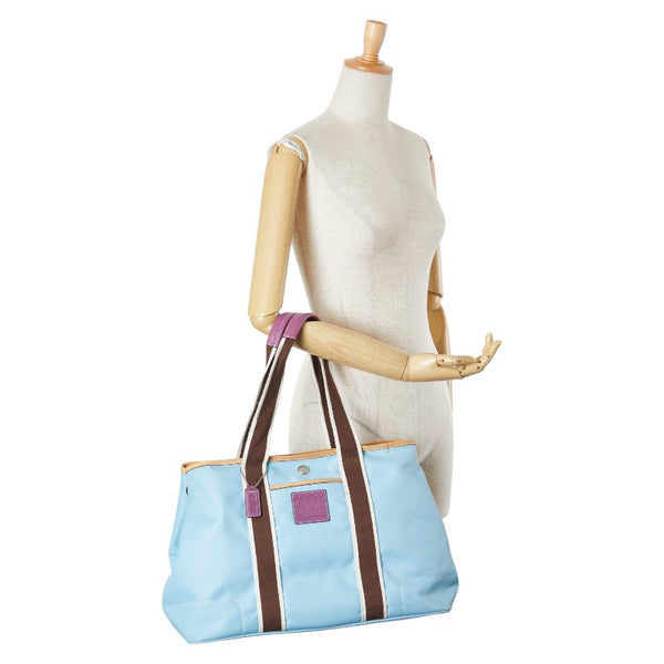 コーチ ハンプトンズ ウイークエンド トートバッグ ショルダーバッグ ライトブルー ブラウン ナイロン レザー レディース COACH 【中古】