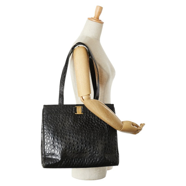 サルヴァトーレフェラガモ ヴァラ クロコ型押し ハンドバッグ トートバッグ BK-21 2530 ブラック レザー レディース Salvatore Ferragamo 【中古】