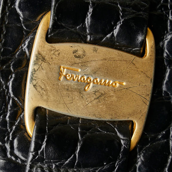 サルヴァトーレフェラガモ ヴァラ クロコ型押し ハンドバッグ トートバッグ BK-21 2530 ブラック レザー レディース Salvatore Ferragamo 【中古】