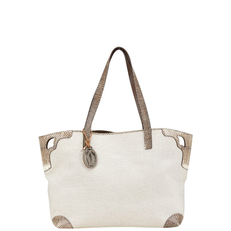 カルティエ マルチェロ トートバッグ ハンドバッグ ホワイト ベージュ キャンバス パイソン レディース CARTIER 【中古】