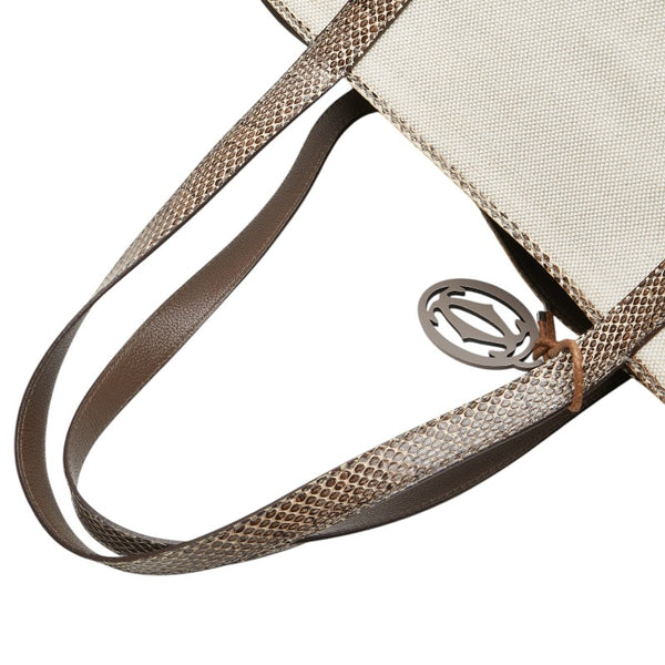 カルティエ マルチェロ トートバッグ ハンドバッグ ホワイト ベージュ キャンバス パイソン レディース CARTIER 【中古】