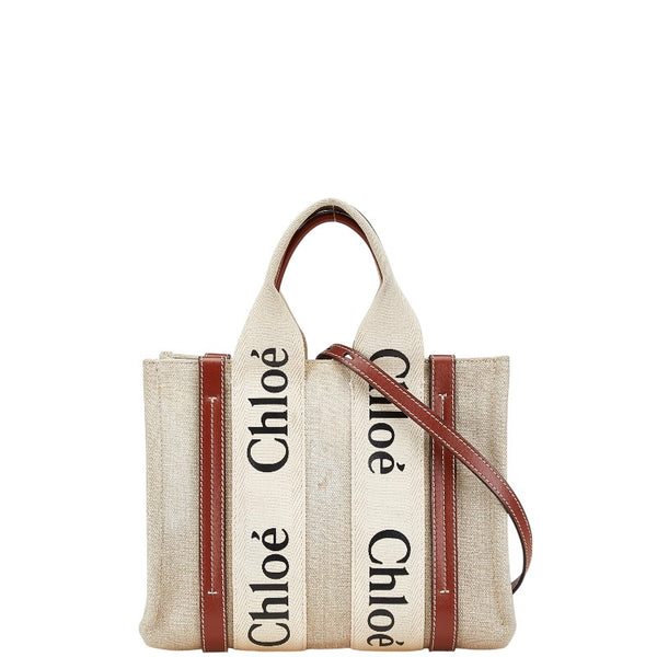 クロエ ウッディ スモール ハンドバッグ ショルダーバッグ 2WAY ベージュ ブラウン キャンバス レザー レディース Chloe 【中古】