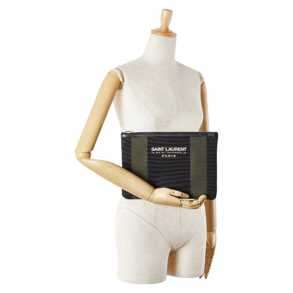 サンローラン クラッチバッグ ポーチ 414764 ブラック カーキ キャンバス レザー レディース SAINT LAURENT 【中古】
