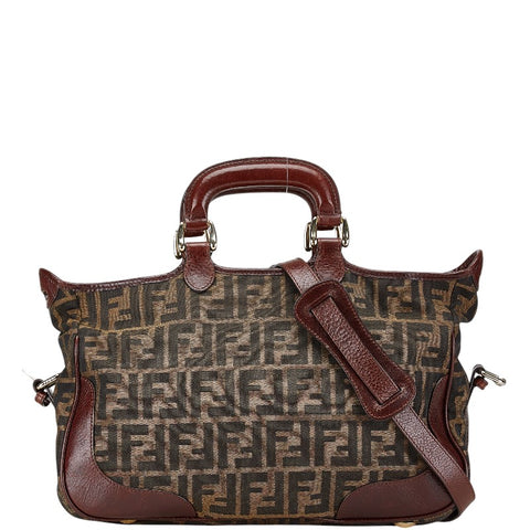 フェンディ ズッカ ハンドバッグ ショルダーバッグ 2WAY カーキ ブラウン キャンバス レザー レディース FENDI 【中古】