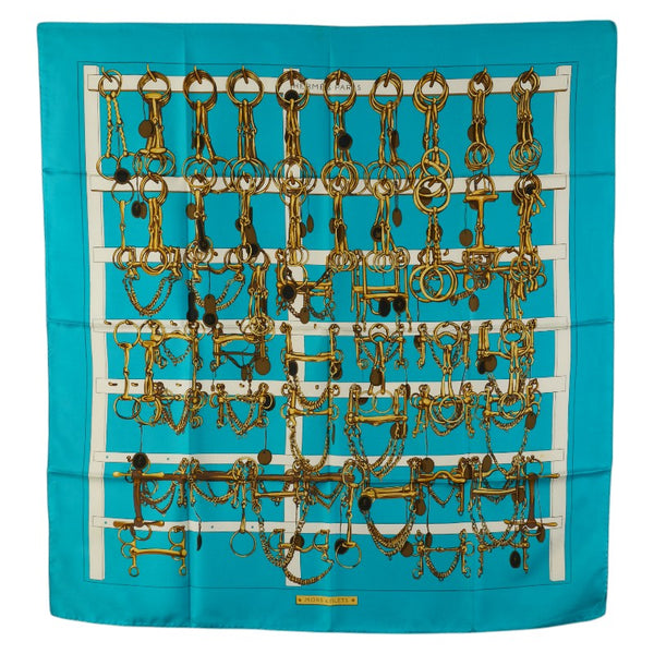 エルメス カレ90 MORS&FILETS 馬具とビット スカーフ スカイブルー ゴールド マルチカラー シルク レディース HERMES 【中古】