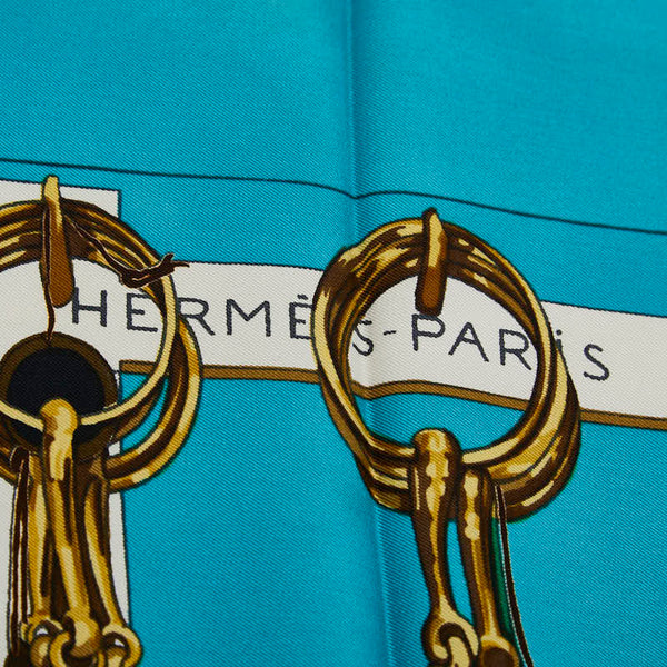 エルメス カレ90 MORS&FILETS 馬具とビット スカーフ スカイブルー ゴールド マルチカラー シルク レディース HERMES 【中古】