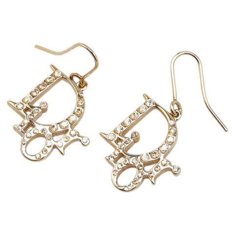 クリスチャンディオール ロゴ ラインストーン ピアス ゴールド メッキ レディース Christian Dior 【中古】