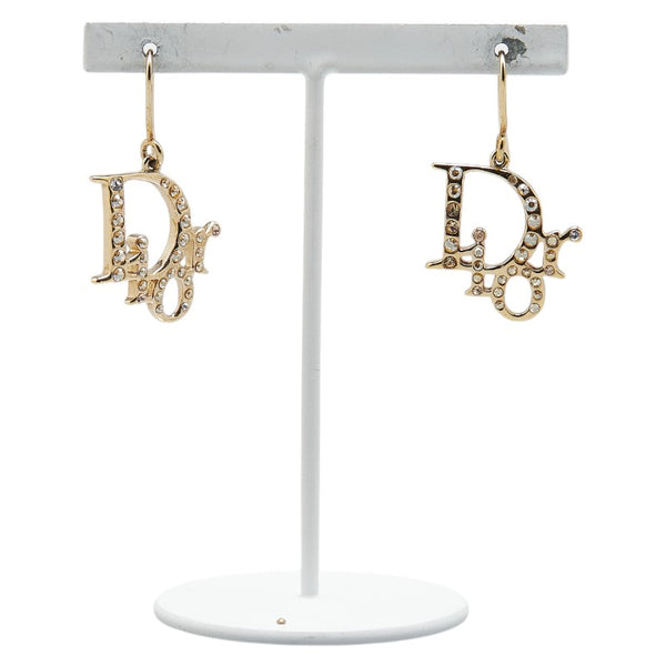 クリスチャンディオール ロゴ ラインストーン ピアス ゴールド メッキ レディース Christian Dior 【中古】