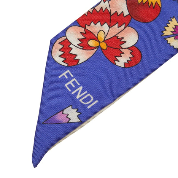 フェンディ 花 フラワー モチーフ スカーフ ツイリー ブルー ピンク マルチカラー シルク レディース FENDI 【中古】