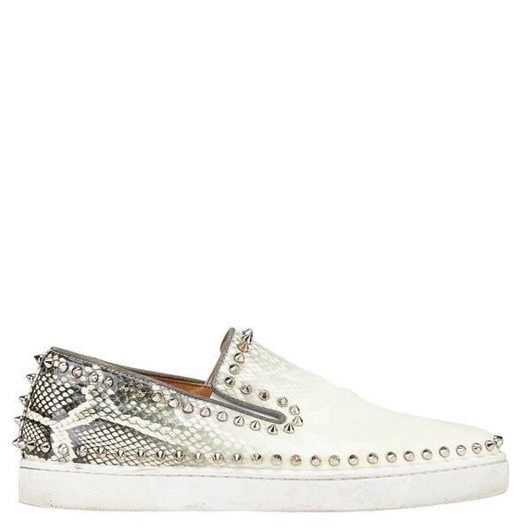 クリスチャンルブタン パイソン プリント スパイク スタッズ スリッポン サイズ:41 1/2 ホワイト グレー レザー エナメル メンズ Christian Louboutin 【中古】
