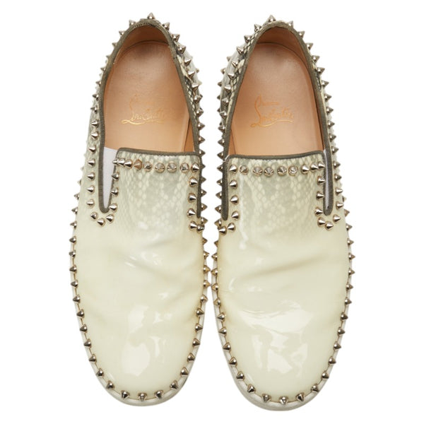 クリスチャンルブタン パイソン プリント スパイク スタッズ スリッポン サイズ:41 1/2 ホワイト グレー レザー エナメル メンズ Christian Louboutin 【中古】