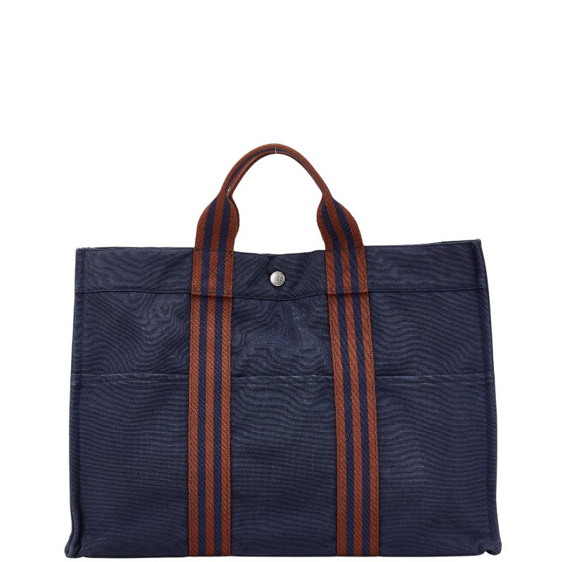 エルメス フールトゥ トートMM トートバッグ ネイビー ブラウン キャンバス レディース HERMES 【中古】