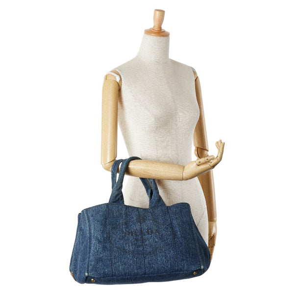 プラダ カナパ 三角ロゴプレート トートバッグ ハンドバッグ B1877B インディゴ ブルー デニム レディース PRADA 【中古】