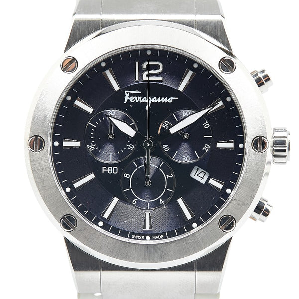サルヴァトーレフェラガモ F-80 型押し 腕時計 クオーツ ネイビー文字盤 ステンレススチール レザー メンズ Salvatore Ferragamo 【中古】