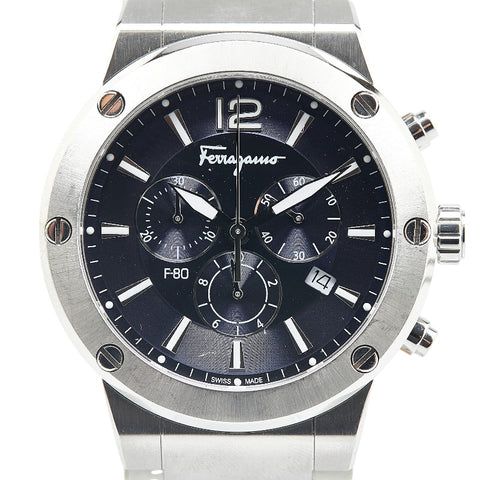 サルヴァトーレフェラガモ F-80 型押し 腕時計 クオーツ ネイビー文字盤 ステンレススチール レザー メンズ Salvatore Ferragamo 【中古】